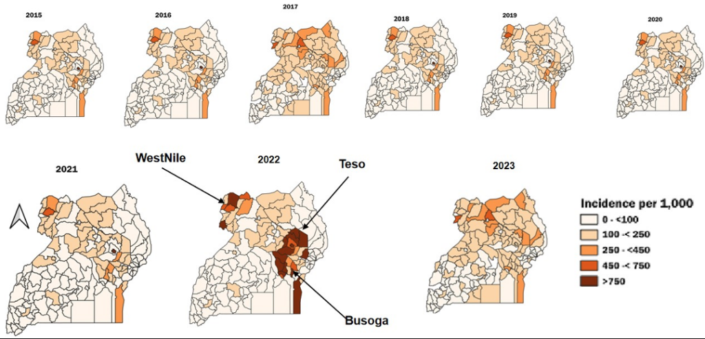 Figure 4: Spatial distribution of Malaria in Pregnancy, Uganda, 2015–2023