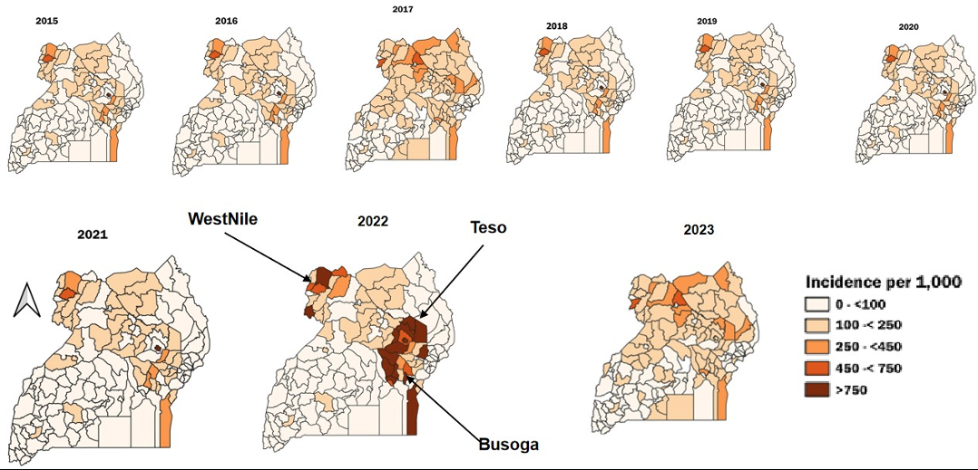 Figure 4: Spatial distribution of Malaria in Pregnancy, Uganda, 2015–2023
