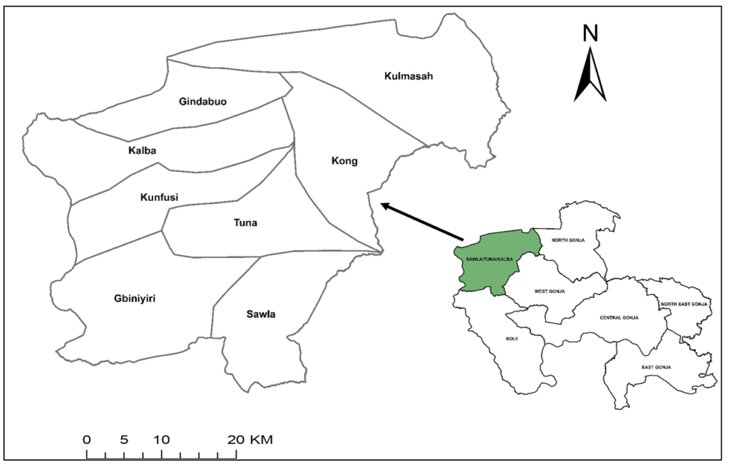 Figure 1: Map showing location of Sawla Tuna Kalba District within Savannah Region of Ghana and distribution of its sub-districts