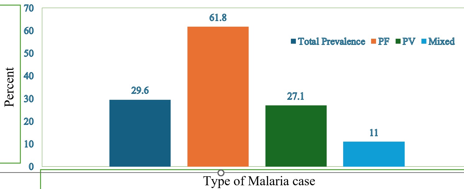 Figure 1: Prevalence of malaria by species in Kurmuk district of Benishangul Gumuz regional state, Ethiopia, 2022 (PF-plasmodium Falciparum, PV-Plasmodium Vivax Mixed infection refers to co-infection with both Plasmodium falciparum and Plasmodium vivax)