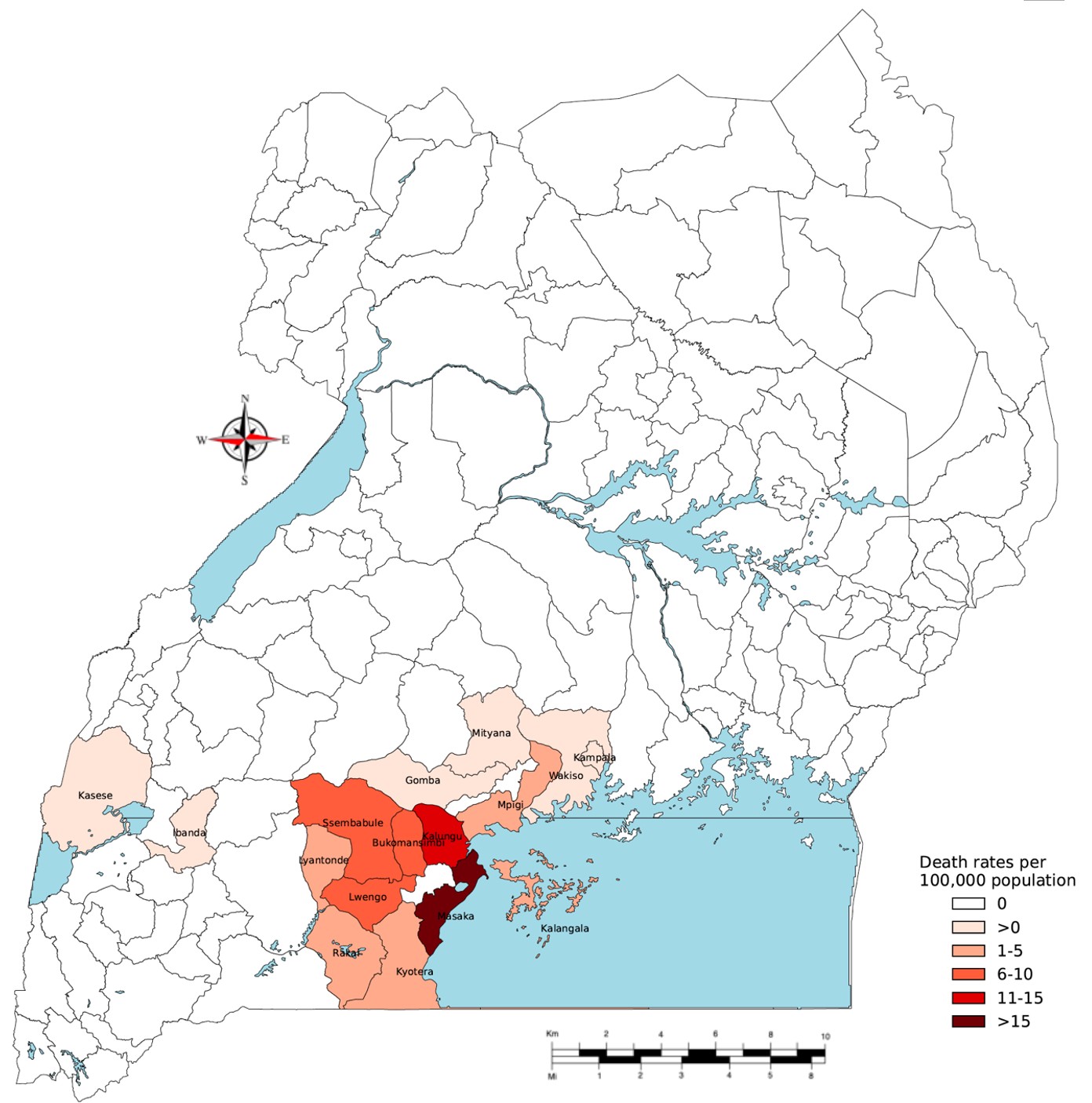 Figure 1: Map showing crude death rates by usual place of residence of reported death during SVD outbreak in Masaka, November to December 2022