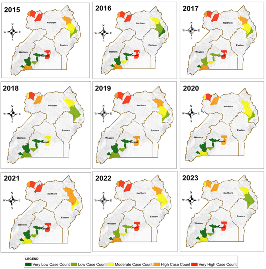 Figure 3: Maps displaying the annual trends of Malaria casess within the four study regions