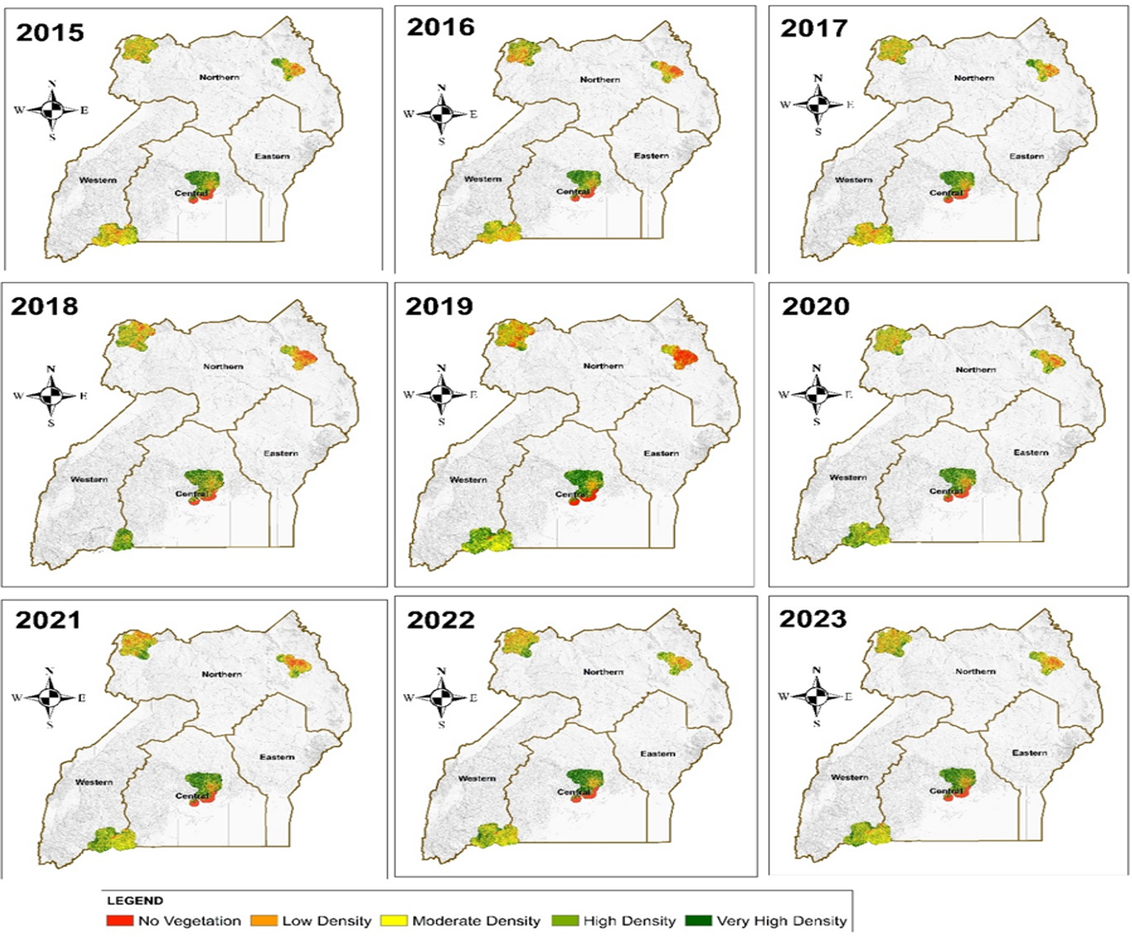 Figure 5: Spatial and temporal variation in NDVI within the four study areas