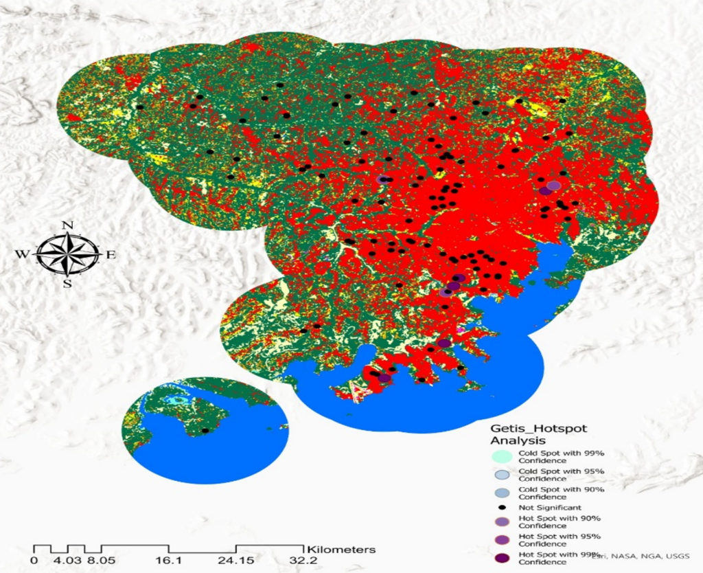 Figure 8: Spatial Distribution of Malaria Hotspots in Wakiso District Based on Getis-Ord Gi Analysis Overlaid on Land Use/Land Cover