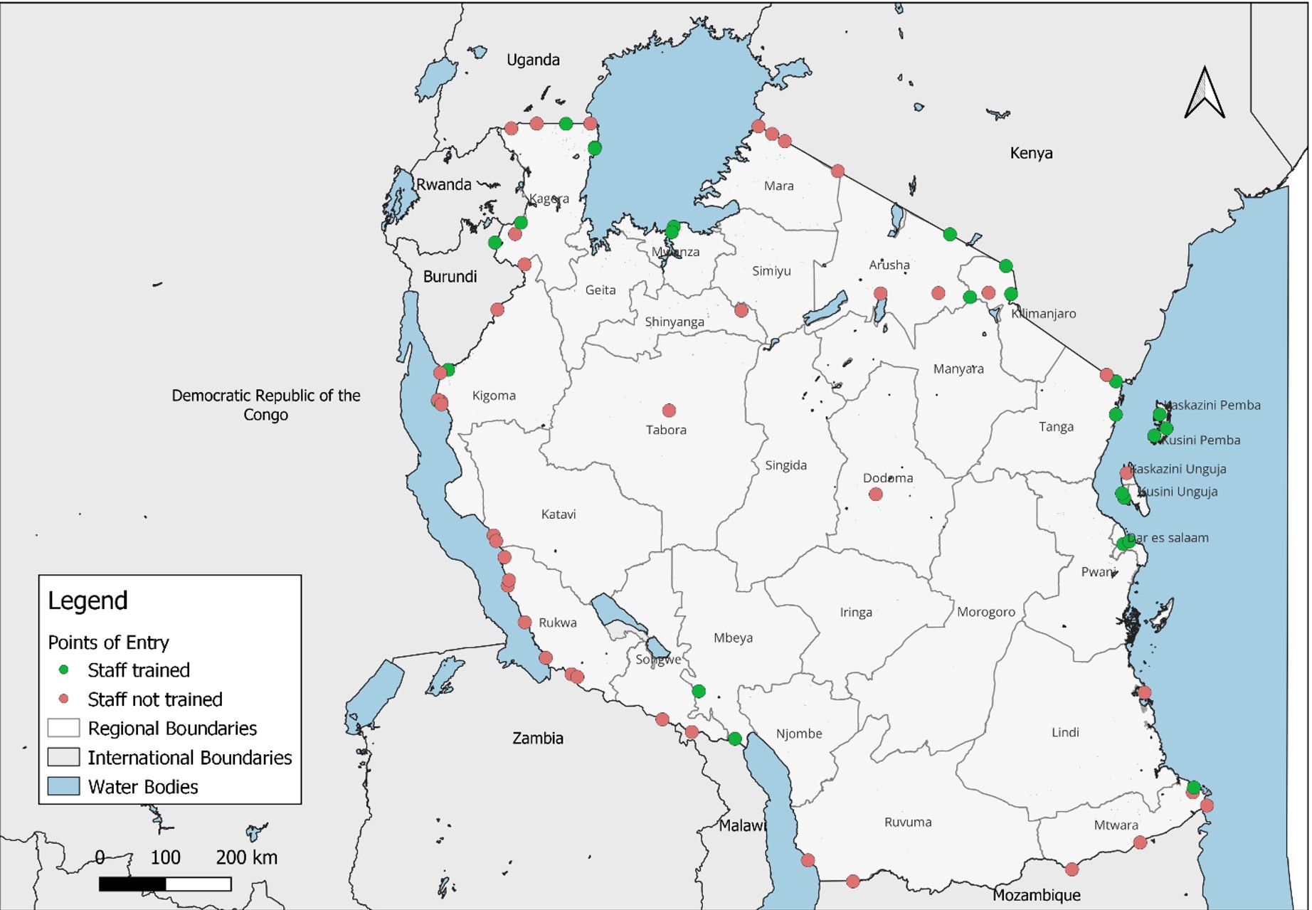 Figure 2: Distribution of Points of Entry (PoEs) in Tanzania and sites selected for FETP-Frontline training, 2023