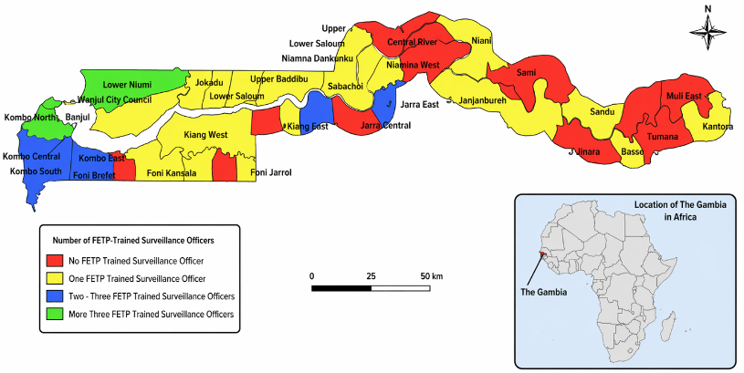 Figure 1: Distribution of FETP-trained personnel by district in the Gambia, April 2025