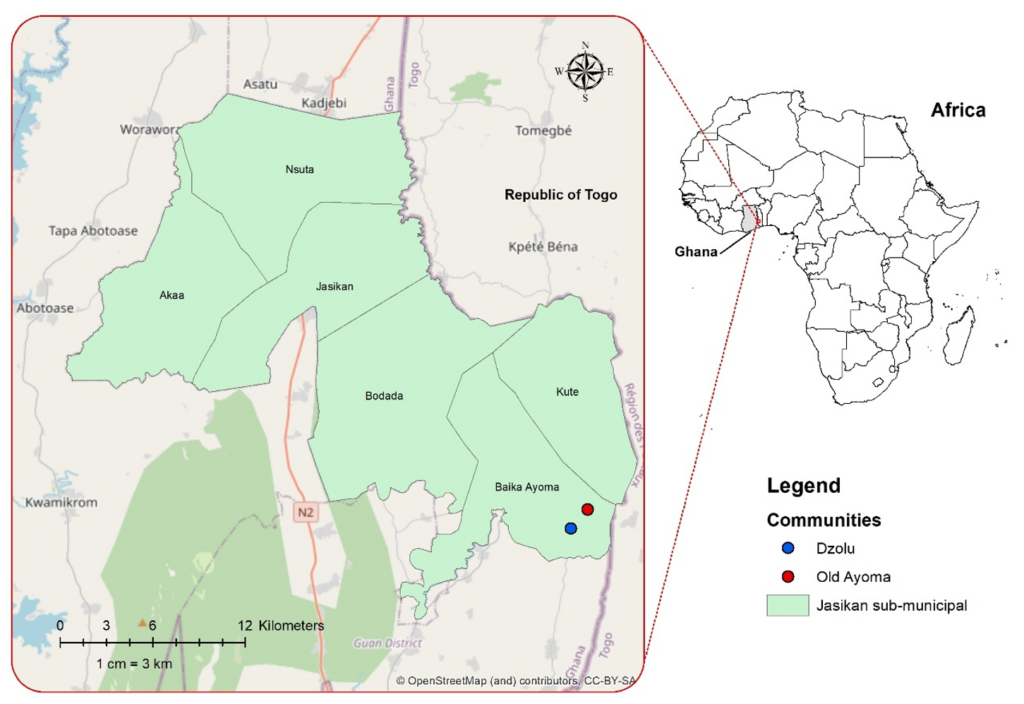 Figure 1: Map showing the location of Old Ayoma and Dzolu communities within the Baika Ayoma sub-municipal, Jasikan Municipality, Oti Region, Ghana, 2021