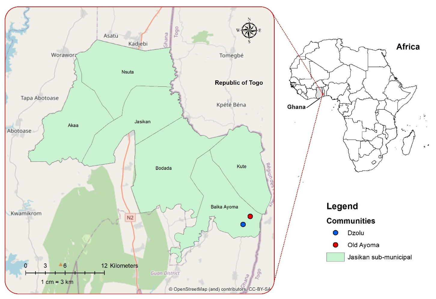 Figure 1: Map showing the location of Old Ayoma and Dzolu communities within the Baika Ayoma sub-municipal, Jasikan Municipality, Oti Region, Ghana, 2021