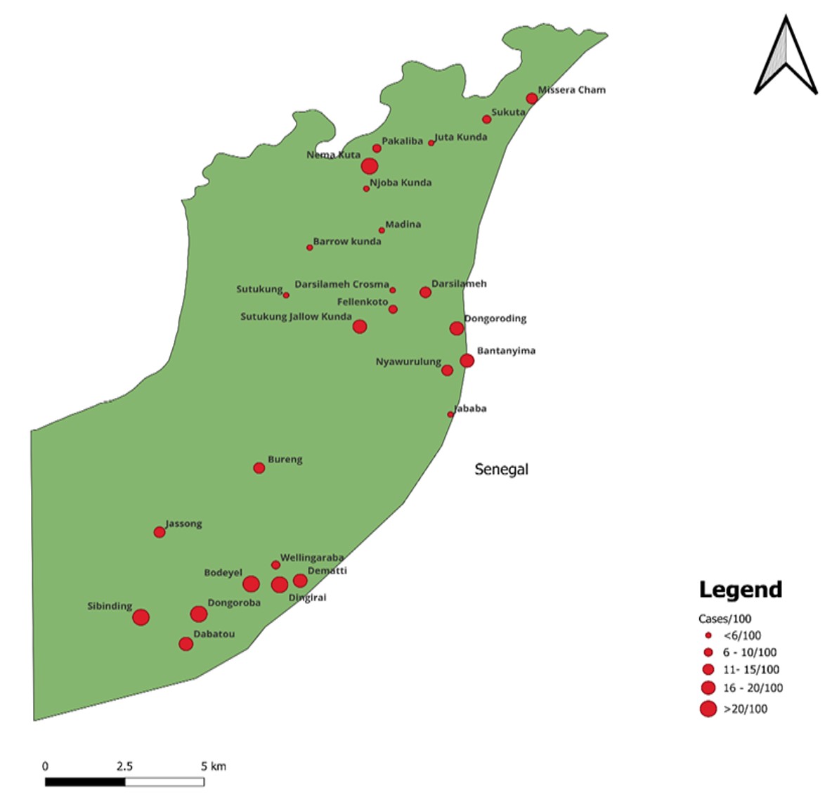 Figure 2: Spatial distribution of severe acute malnutrition (SAM) cases per 100 under-five population across communities in Jarra East District, 2020–2024