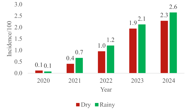 Figure 4: Incidence of SAM cases by season per 100 under-five population in Jarra East District, 2020–2024