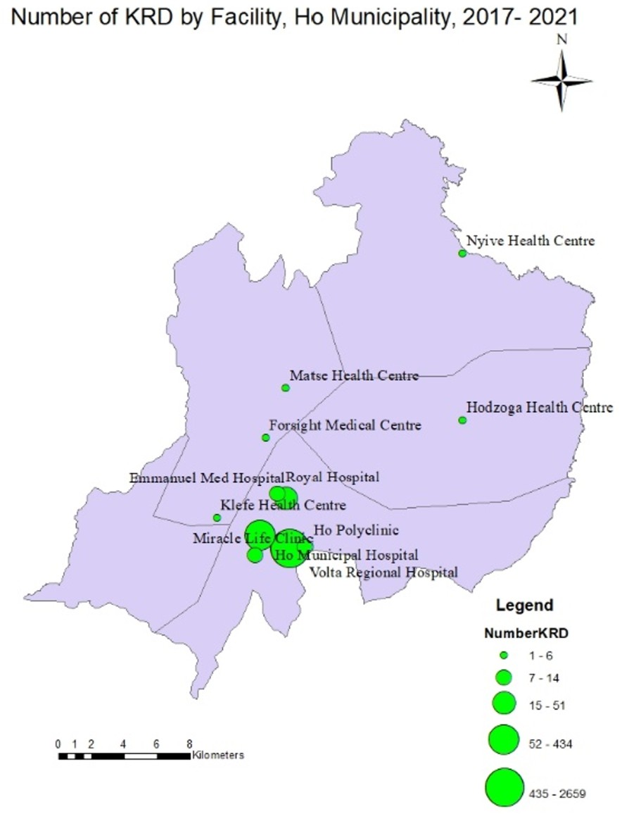 Figure 2: Number of reported kidney diseases by health facilities, Ho Municipality, 2017 – 2021