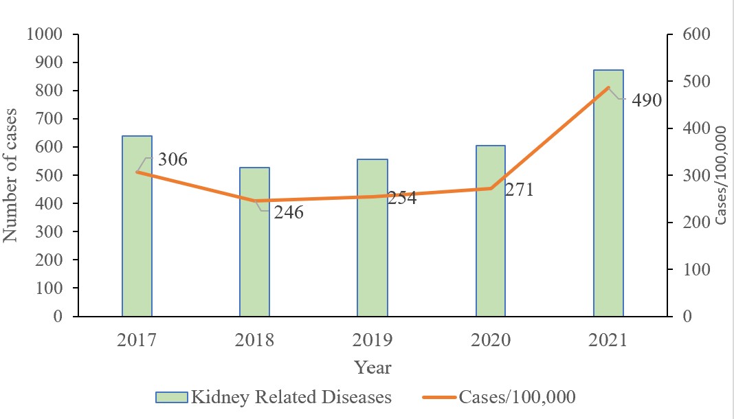 Figure 4: Number of Kidney diseases and Cases/100,000 population, Ho Municipality, 2017 – 2021