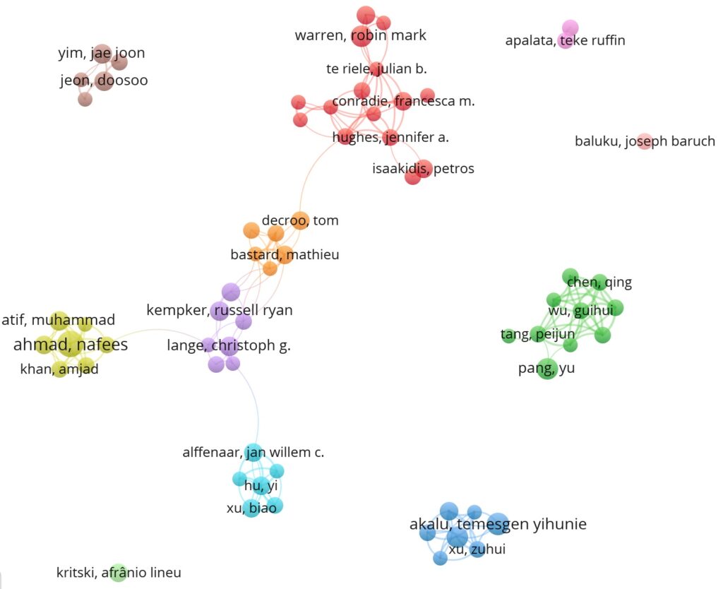 Figure 3: The author co-authorship network was generated using VOSviewer (minimum threshold: ≥5 documents per author; 67 authors included)