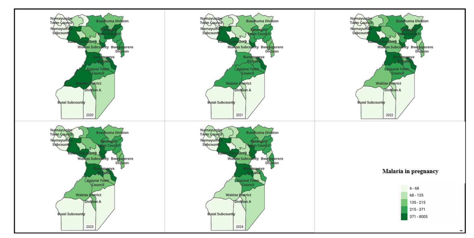 Figure 4: Shows a Map of the distribution of MIP cases in Wakiso district by administrative unit