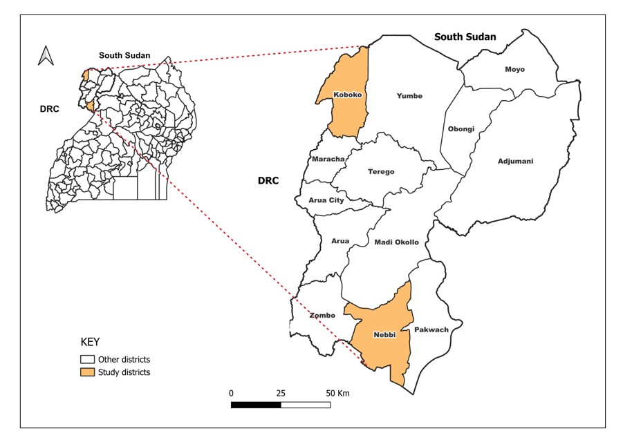 Figure 1: Location of Koboko and Nebbi Districts in West Nile Region, Uganda