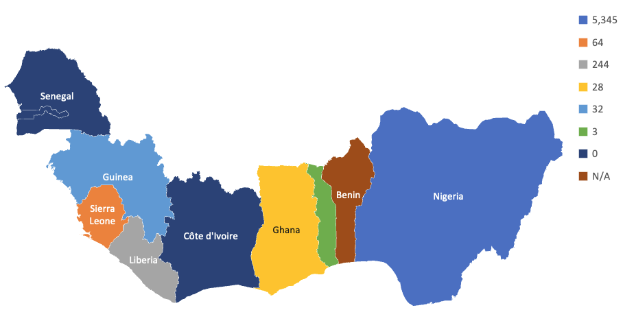 Figure 1: Geographic distribution of confirmed cases of Lassa fever in the ECOWAS region (2020-2024)