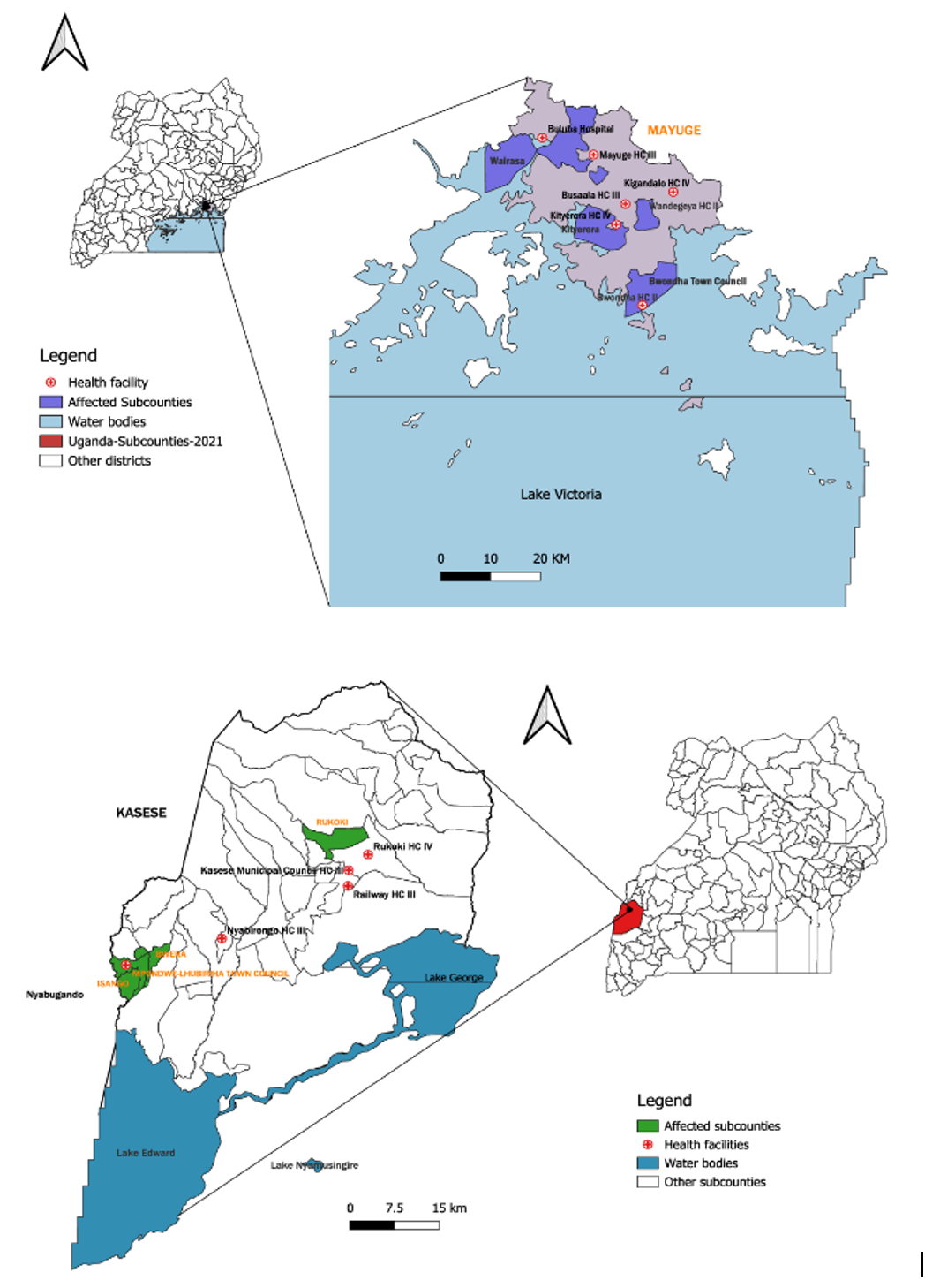 Figure 1: Panel 1a showing the study setting, Mayuge, and panel 1b, Kasese District, August-September, 2024