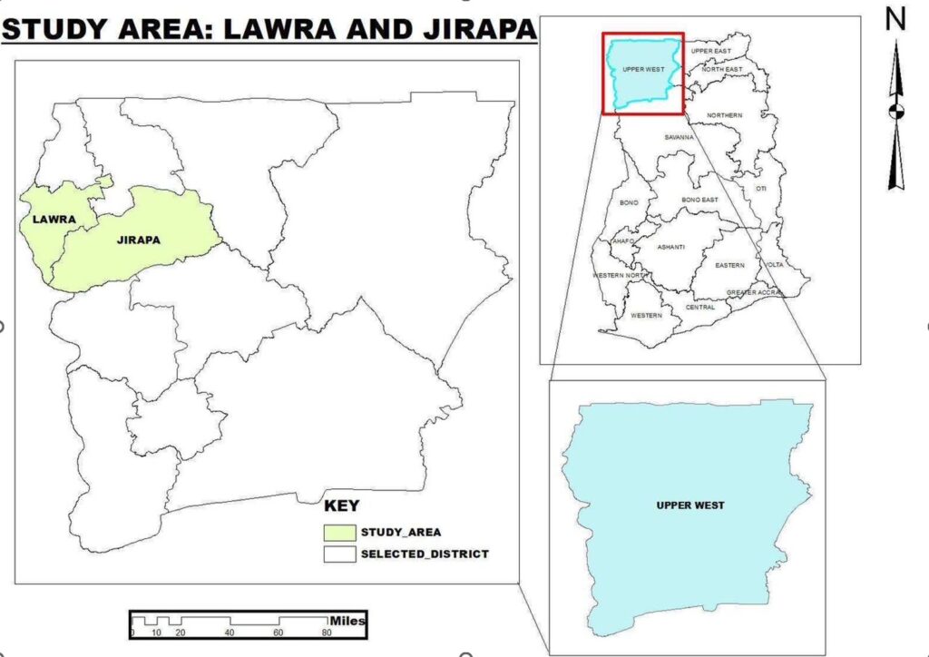 Figure 1: Map of Ghana with a focus on the Upper West region and the study areas – Lawra and Jirapa