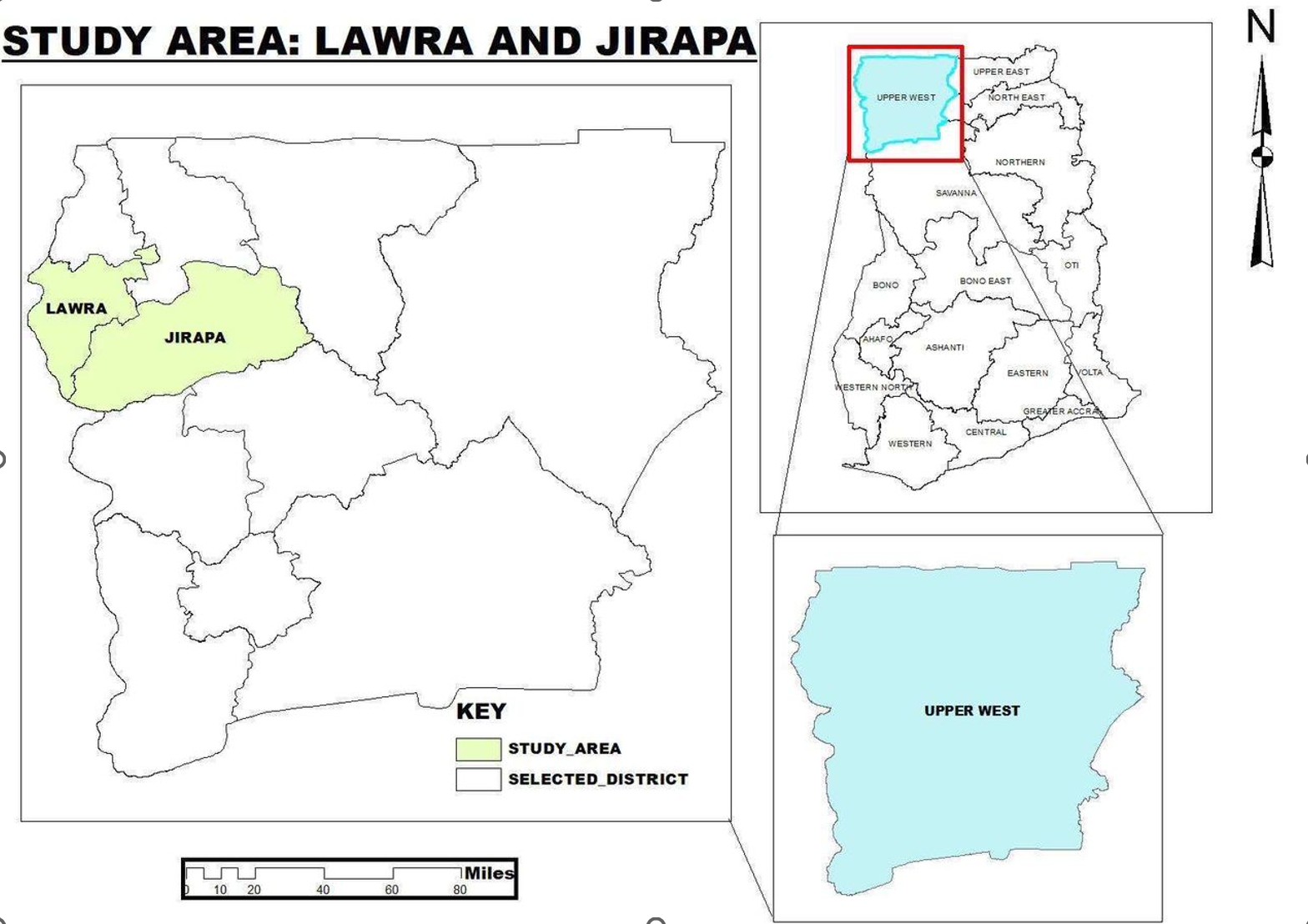 Figure 1: Map of Ghana with a focus on the Upper West region and the study areas – Lawra and Jirapa