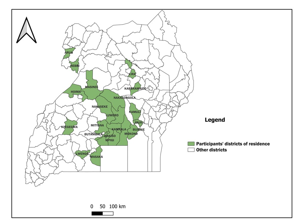 Figure 1: Districts of residence for student leaders who participated in the study in Uganda, July 2024