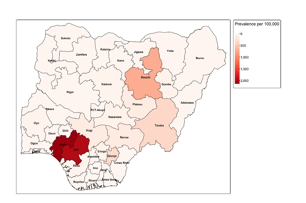 Figure 12: Spatial distribution of Lassa fever prevalence in Nigeria from 2018 to 2024, showing the varying incidence across states