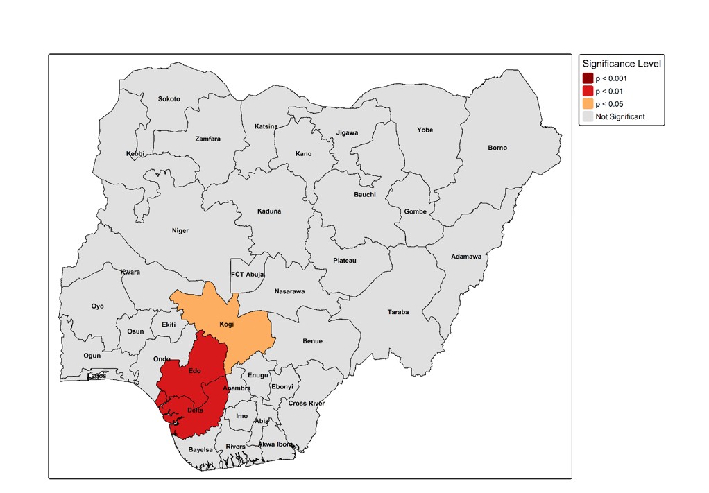 Figure 14: Statistical significance map (p-values) corresponding to the LISA cluster analysis