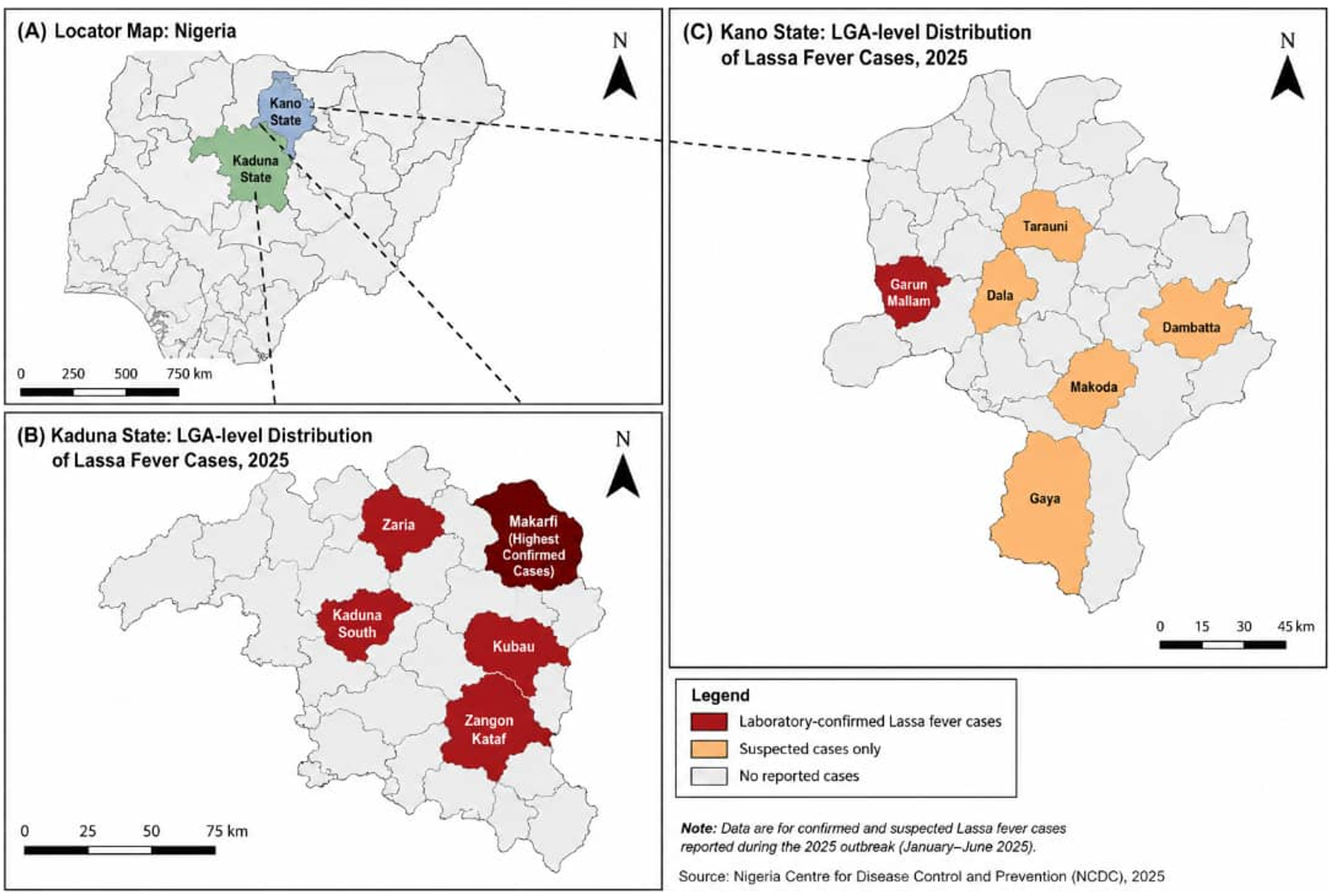 Figure 3: Geographic distribution of suspected and laboratory-confirmed Lassa fever cases across affected Local Government Areas (LGAs) in Kaduna and Kano States, Nigeria, 2025