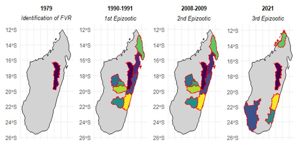 Figure 3: Spatio-temporal Map of RVF outbreaks in Madagascar. Data derived from peer-reviewed reports and Ministry of Health records (1979-2026). Areas in red indicate recurrent hotspots