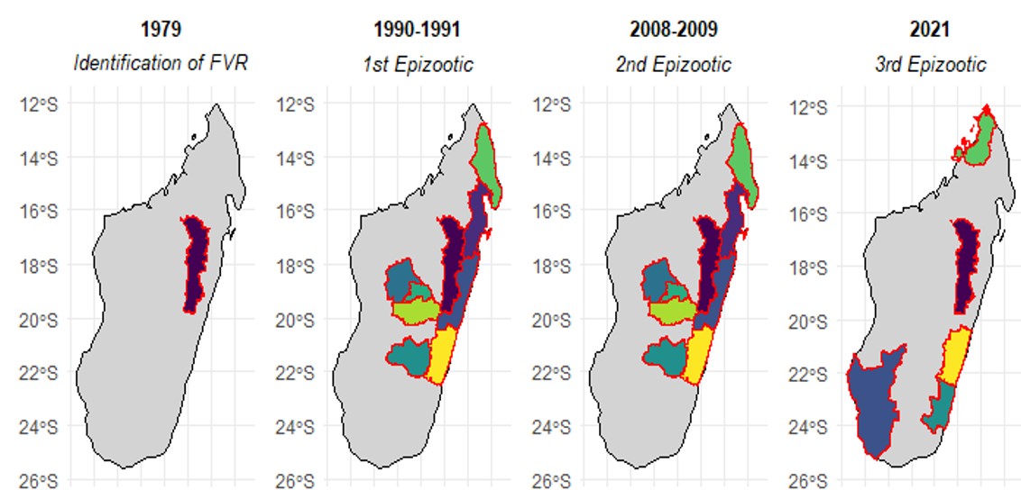 Figure 3: Spatio-temporal Map of RVF outbreaks in Madagascar. Data derived from peer-reviewed reports and Ministry of Health records (1979-2026). Areas in red indicate recurrent hotspots