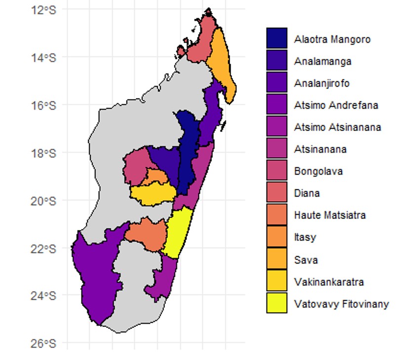 Figure 4: Geographic distribution of RVF endemic regions in Madagascar. The map identifies high-risk clusters in the Central Highlands, East Coast, Northwest, and Southwest based on cumulative seroprevalence and historical outbreak data