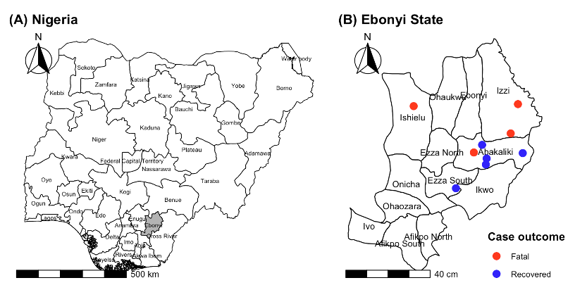 Figure 1: (A) Map of Nigeria showing the location of Ebonyi State. (B) Geographical distribution of laboratory-confirmed Lassa fever cases by Local Government Area in Ebonyi State, Nigeria, 2024–2025. Red dots indicate fatal cases and blue dots indicate recovered cases. (Note: The distribution reflects place of residence and may be influenced by referral patterns to the treatment centre. One laboratory-confirmed case (Case 7), whose primary residence was in Edo State, was excluded from the Ebonyi State map)