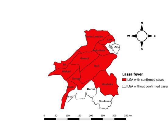 Figure 2: Spatial distribution of laboratory-confirmed cases of Lassa fever during epidemiological weeks 1 - 7 in Taraba State, Nigeria