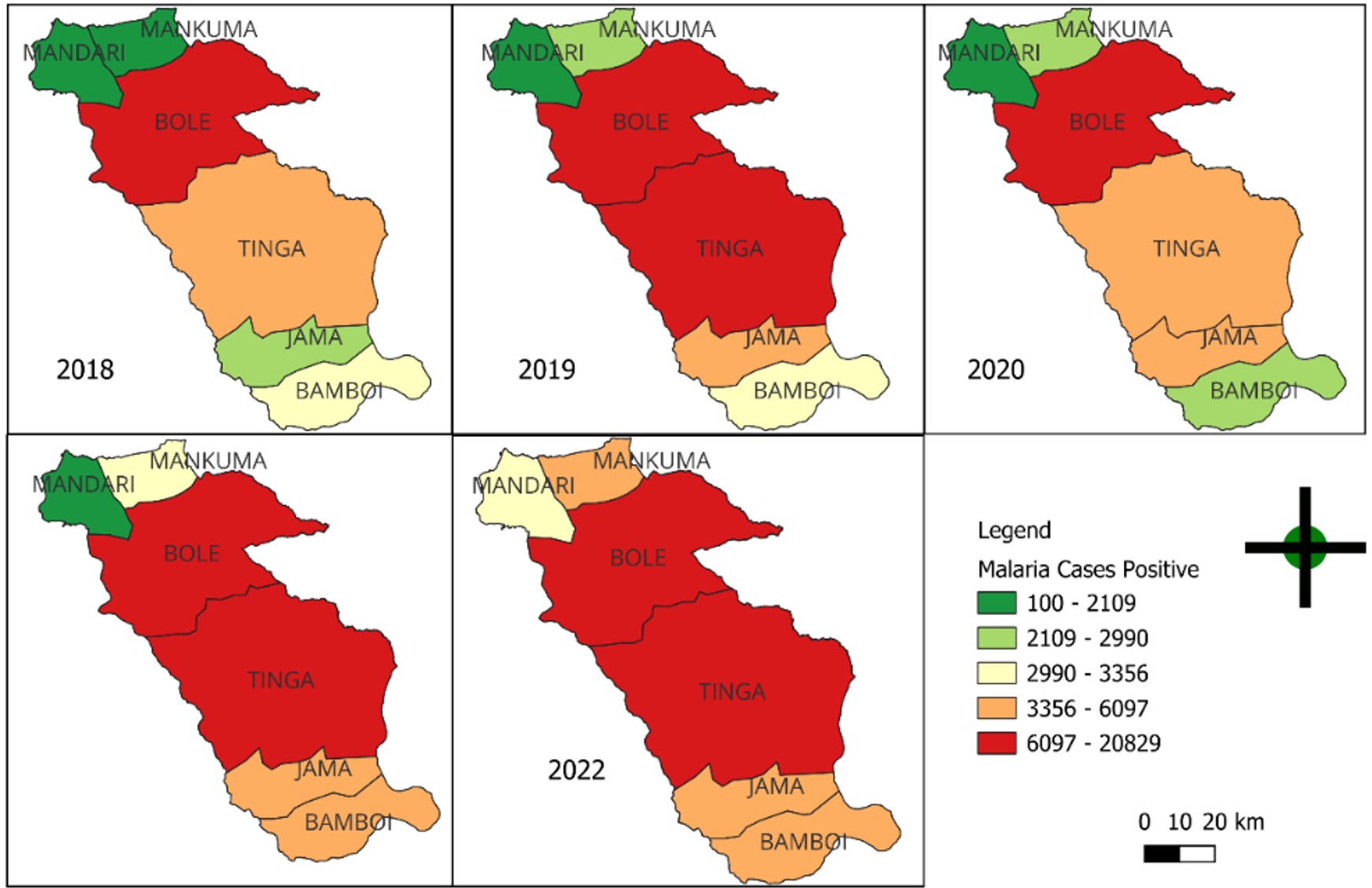 Figure 1: Positive malaria cases by Sub-district, Bole District, 2018 - 2022