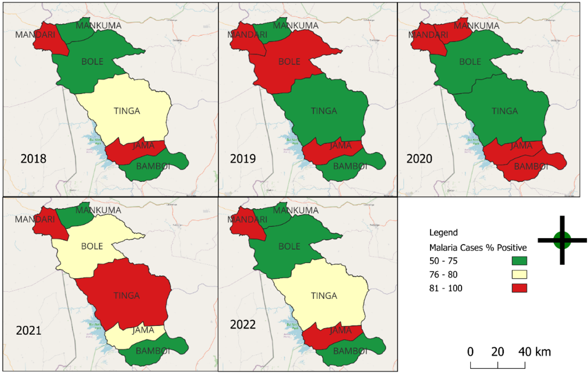 Figure 2: Malaria positivity rate by Sub-district, Bole District, 2018 -2022