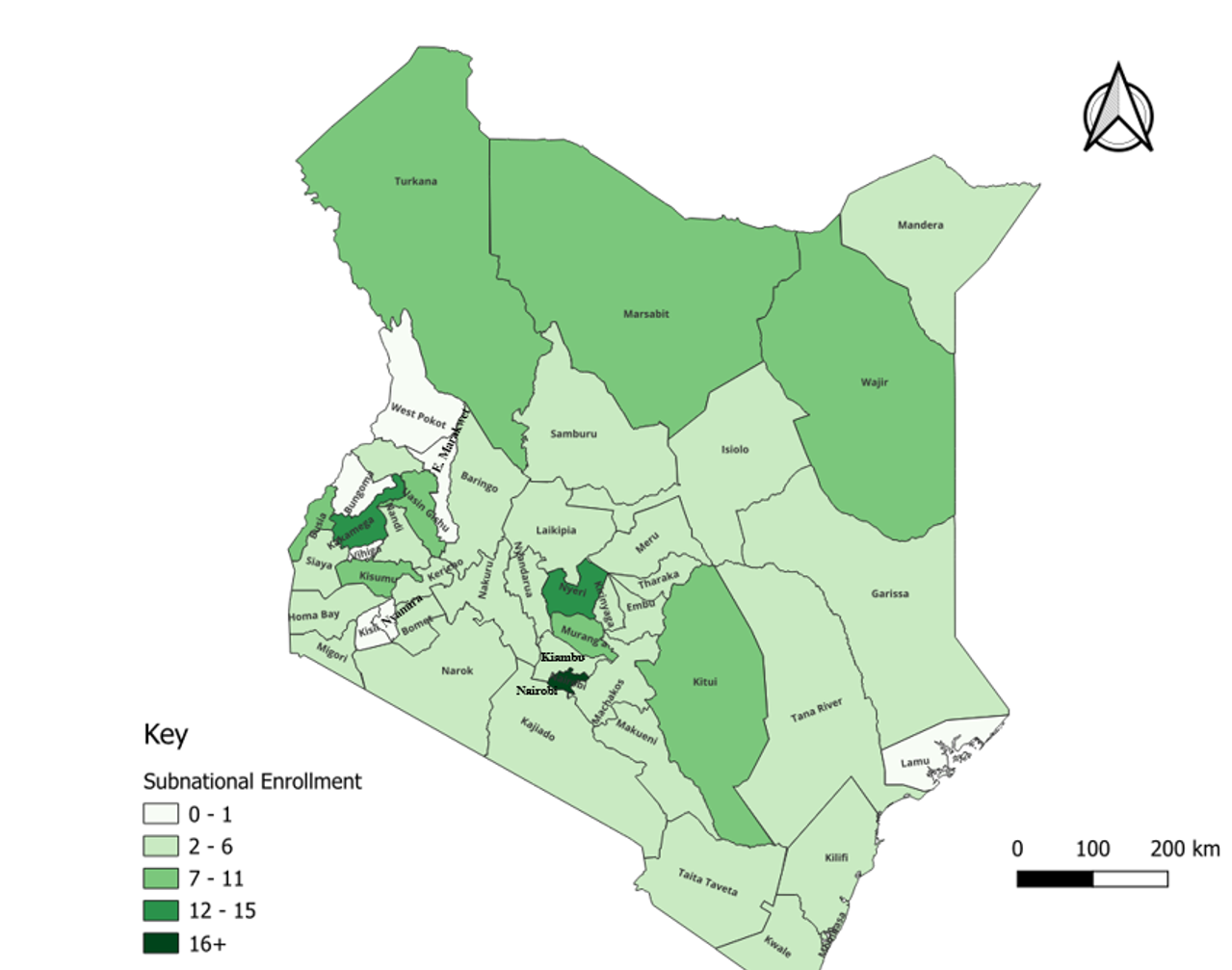 Figure 2: Distribution of Advanced Level Kenya FELTP Alumni at County Level 2004-2024. The data is as of the end of 2024 for the origin of the trainees and where they are expected to go back to after completion of the training. The figure shows the distribution at the county level (equivalent to provinces or districts in other jurisdictions).