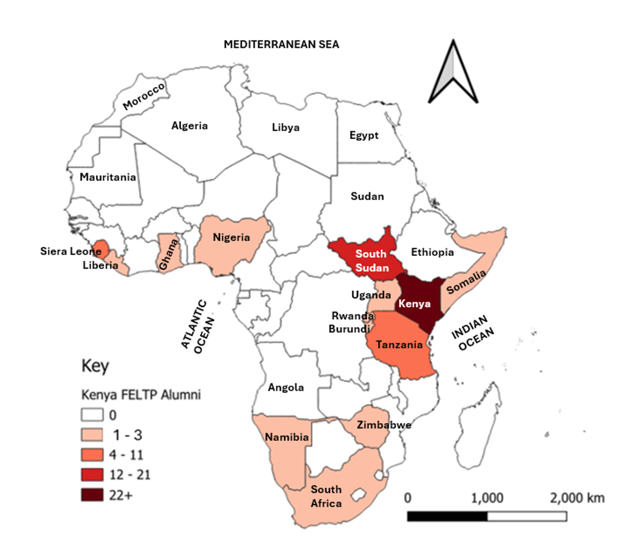 Figure 3: Distribution of Countries in Africa where the Advanced Level Kenya FELTP Alumni were deployed in 2004–2024