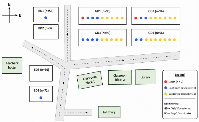 Figure 2: Visual mapping of the school campus and distribution of cases in dormitories