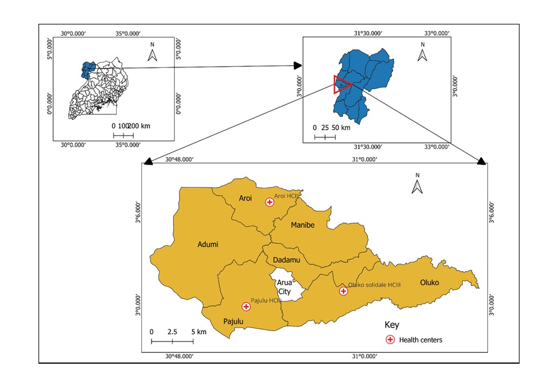 Figure 1: Geographic location of the health centers surveyed in Ayivu Division, Arua City, West Nile sub-region, Uganda
