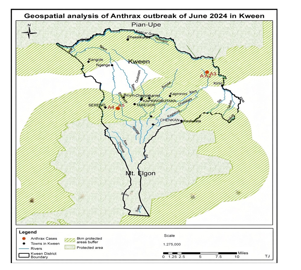 Figure 2: Spatial distribution of outbreak-associated human anthrax cases in Kween District, Uganda, June–July 2024