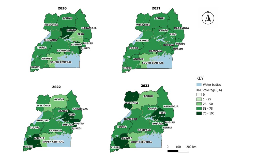 Figure 2: Distribution of Kangaroo Mother Care coverage by region by year, 2020–2023, Uganda