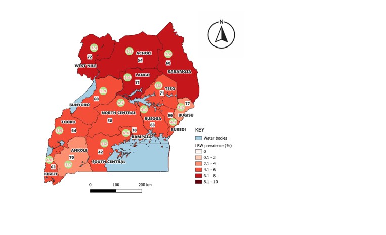 Figure 4: Distribution of average low birth weight (LBW) prevalence by region (2015–2023) and Kangaroo Mother Care (KMC) initiation coverage (2020–2023) in Uganda. Figure labels with white background represent KMC coverage, while labels with green background indicate LBW prevalence