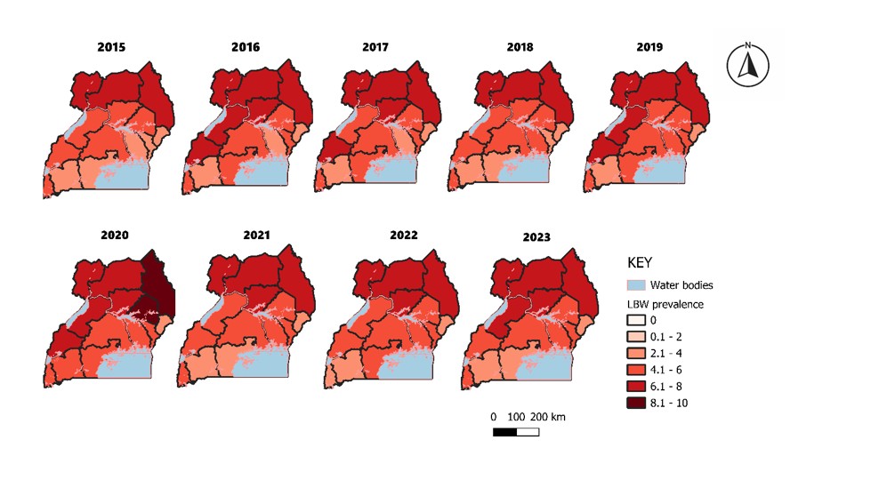 Figure 5: Distribution of low birth weight prevalence by region by year, 2015–2023, Uganda