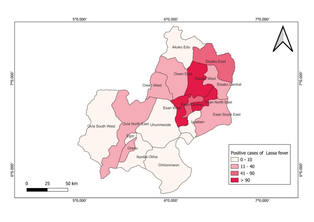 Figure 1: Distribution of laboratory-confirmed cases of Lassa fever across the 18 Local Government Areas of Edo State, Nigeria (January to April of 2017–2023) This choropleth map shows the spatial distribution of confirmed Lassa fever cases across the 18 Local Government Areas (LGAs) of Edo State, from January to April, 2017–2023. LGAs are grouped by case burden, with darker shades indicating higher numbers of cases. High-burden LGAs include Esan West, Etsako West and Esan North East. The map highlights geographic heterogeneity in Lassa fever transmission and areas for targeted prevention and control measures.