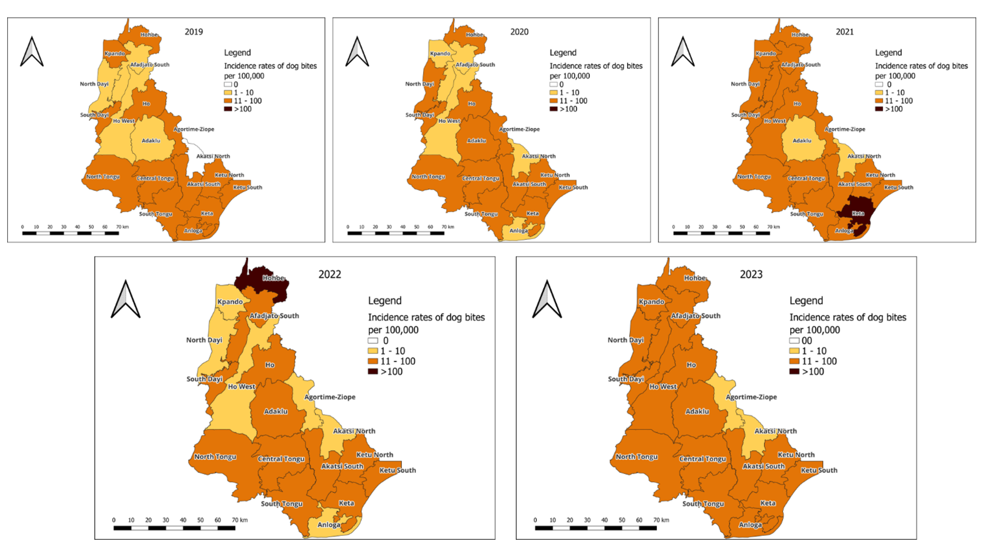 Figure 3: Distribution of yearly dog bite incidence by district, Volta Region, 2019-2023
