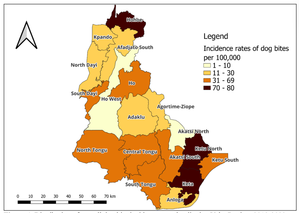 Figure 4: Distribution of overall dog bite incidence rates by district, Volta Region, 2019-2023