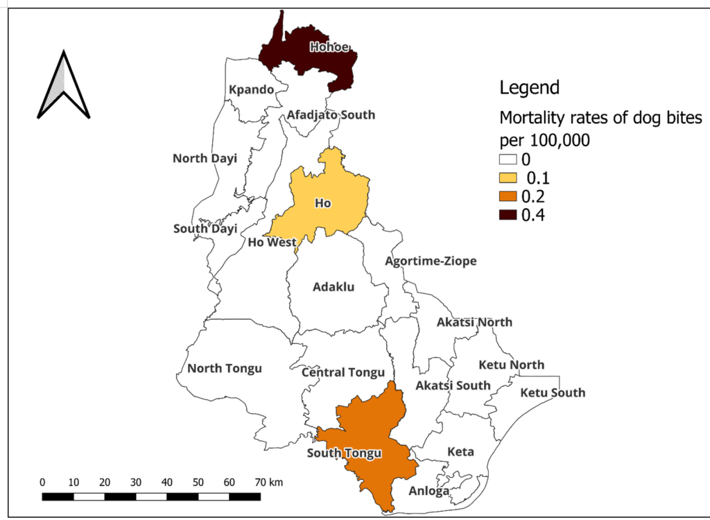 Figure 5: Distribution of dog bite mortality rates by district, Volta Region, 2019-2023