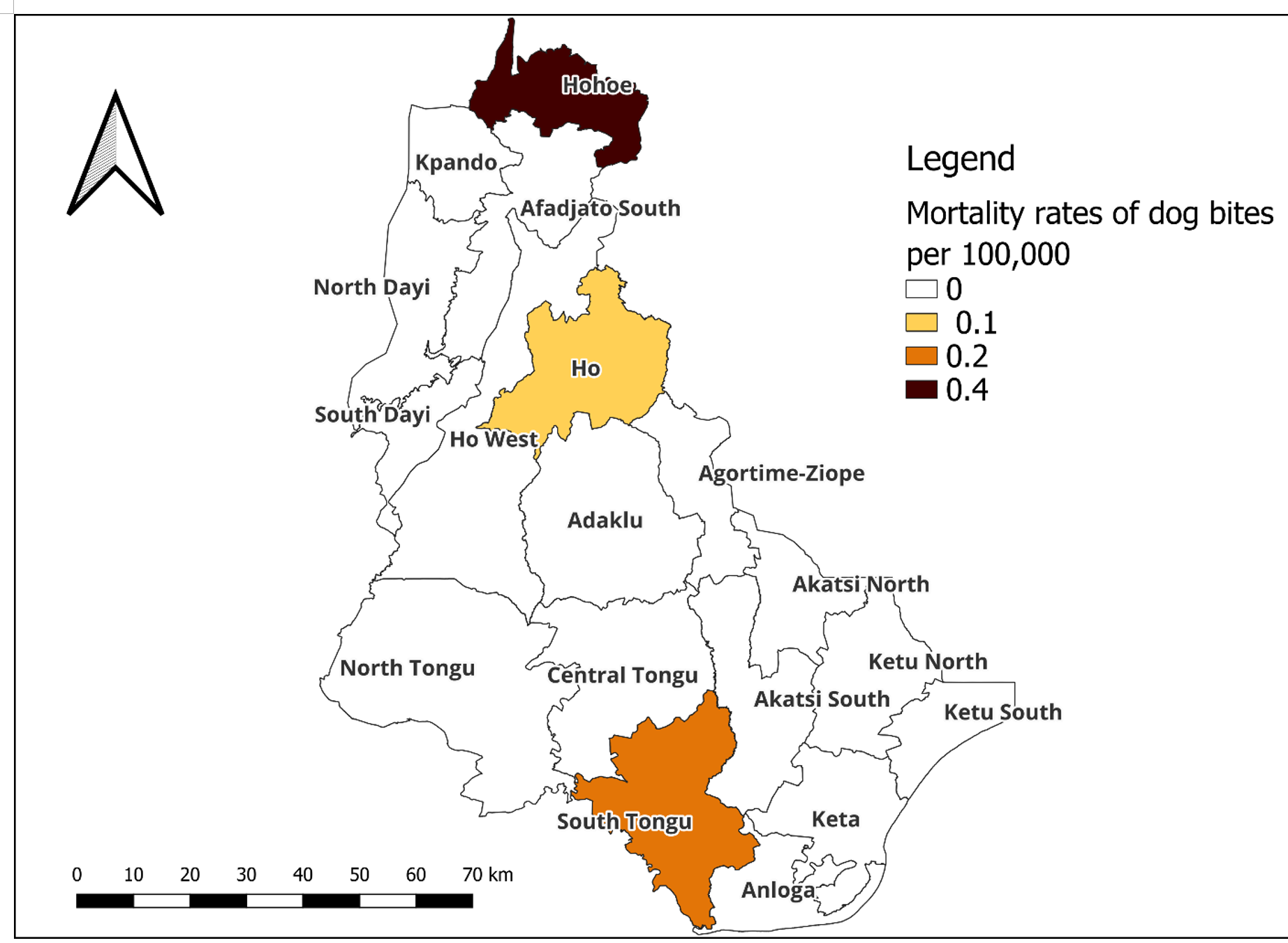 Figure 5: Distribution of dog bite mortality rates by district, Volta Region, 2019-2023